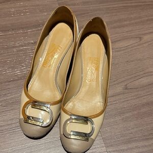 Salvatore Ferragamo Cream and Tan Flats with Silver Buckle